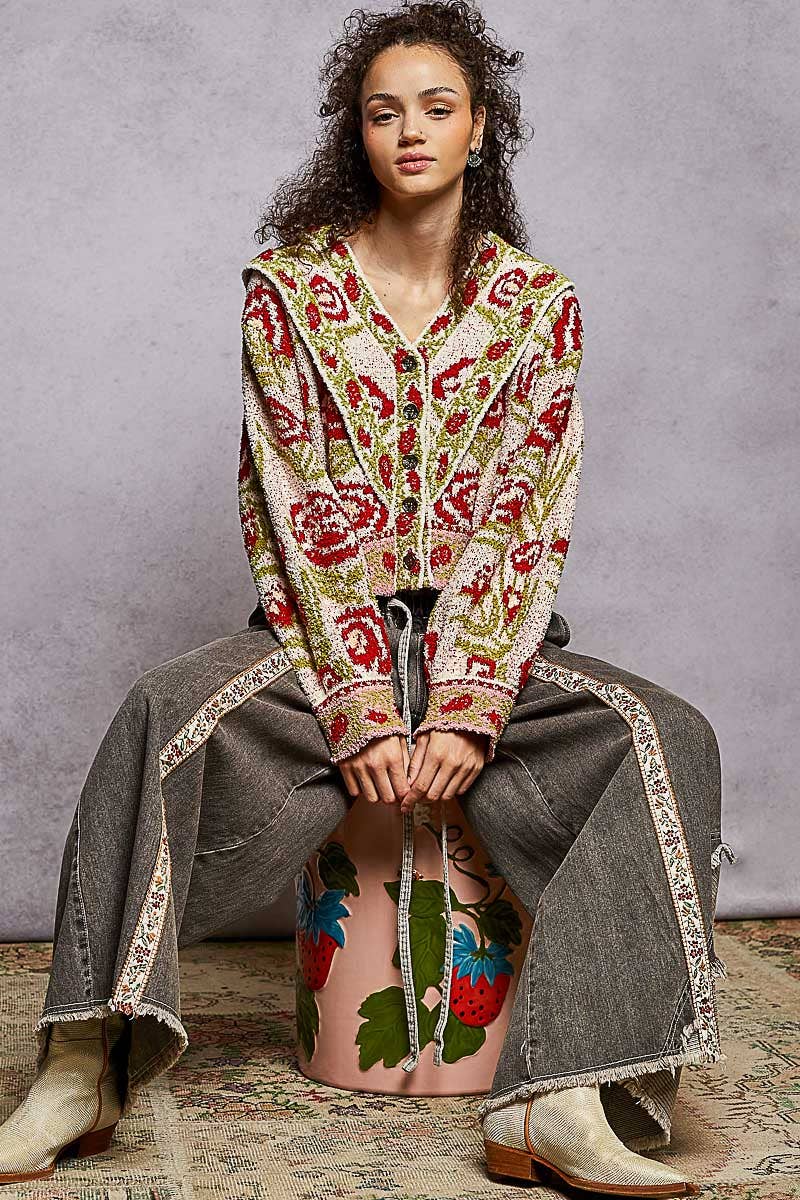 V-neck ruffles point floral Beber sweater cardigan top