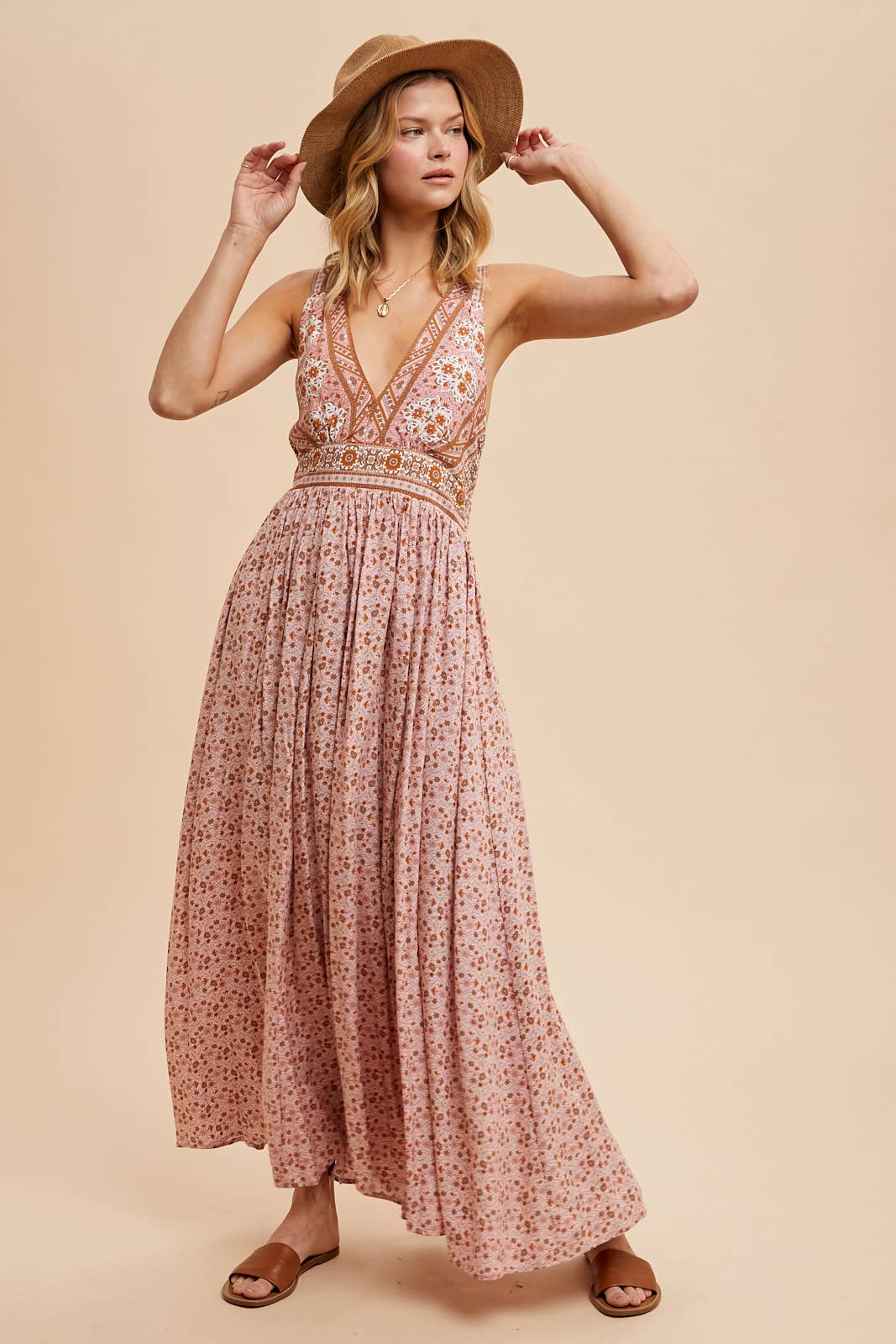 Border Print V-Neck Maxi Dress