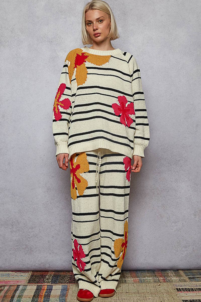 Striped Pattern Floral Detail Lounge Pants