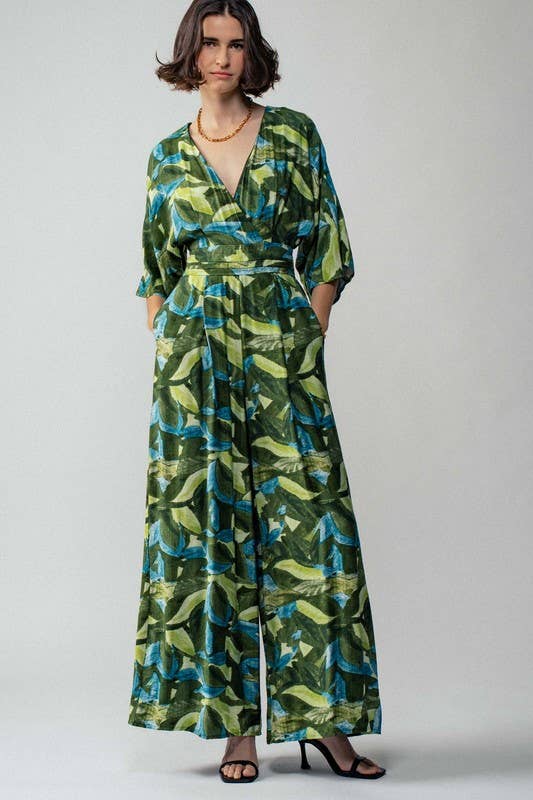Leaf Print Kimono Sleeve Belted Maxi Jumpsuit