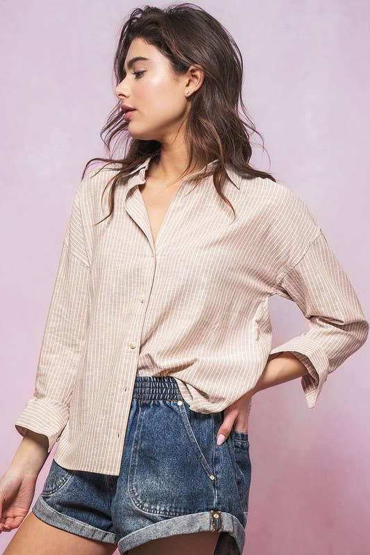 Pinstripe Cotton Blend Button Down Shirt