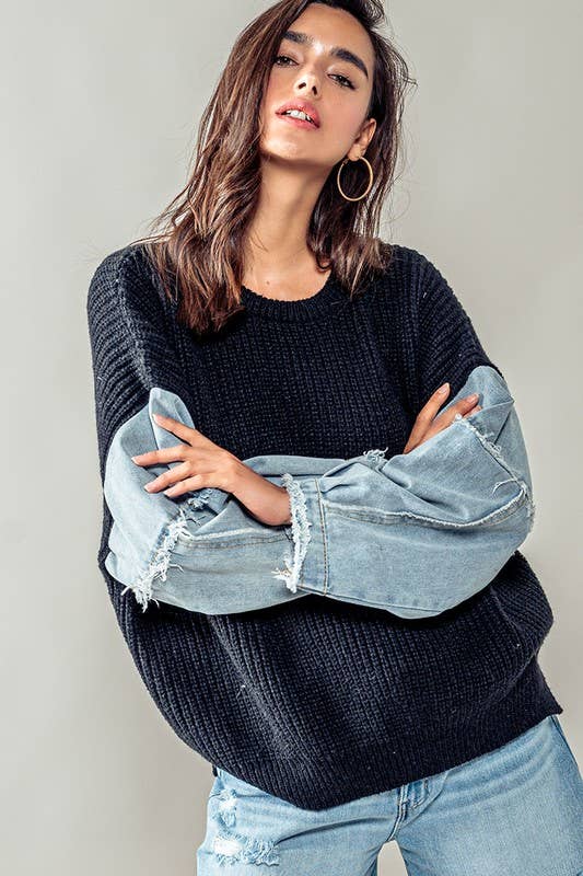 Denim Sleeve Knit Sweater