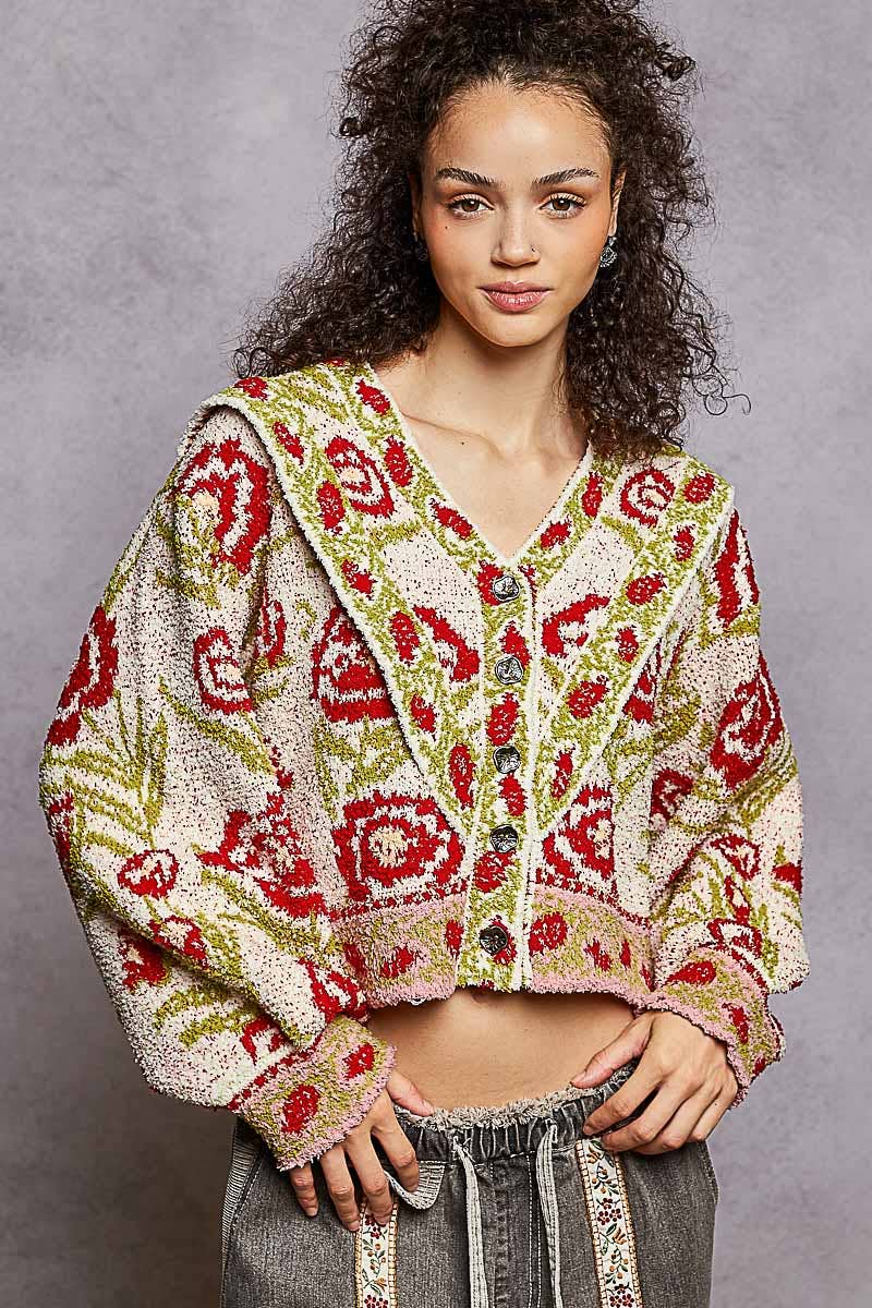 V-neck ruffles point floral Beber sweater cardigan top