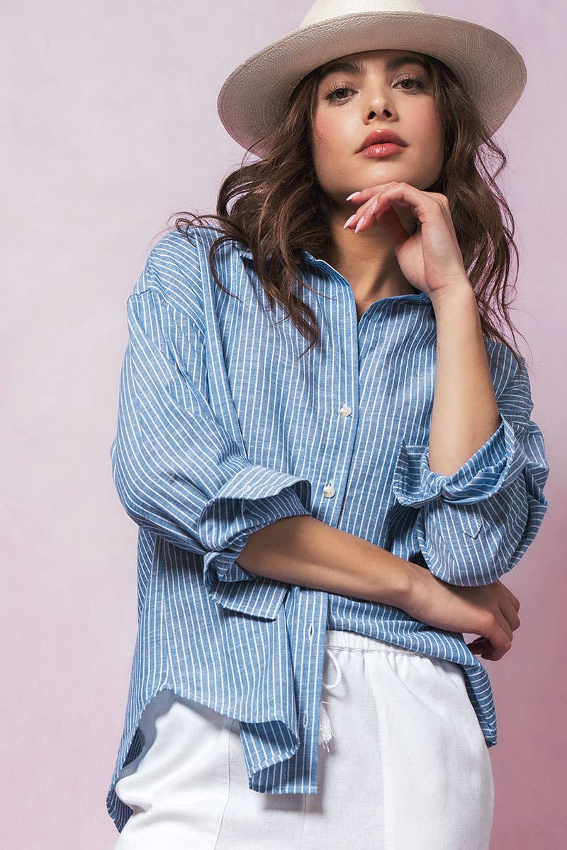 Pinstripe Cotton Blend Button Down Shirt