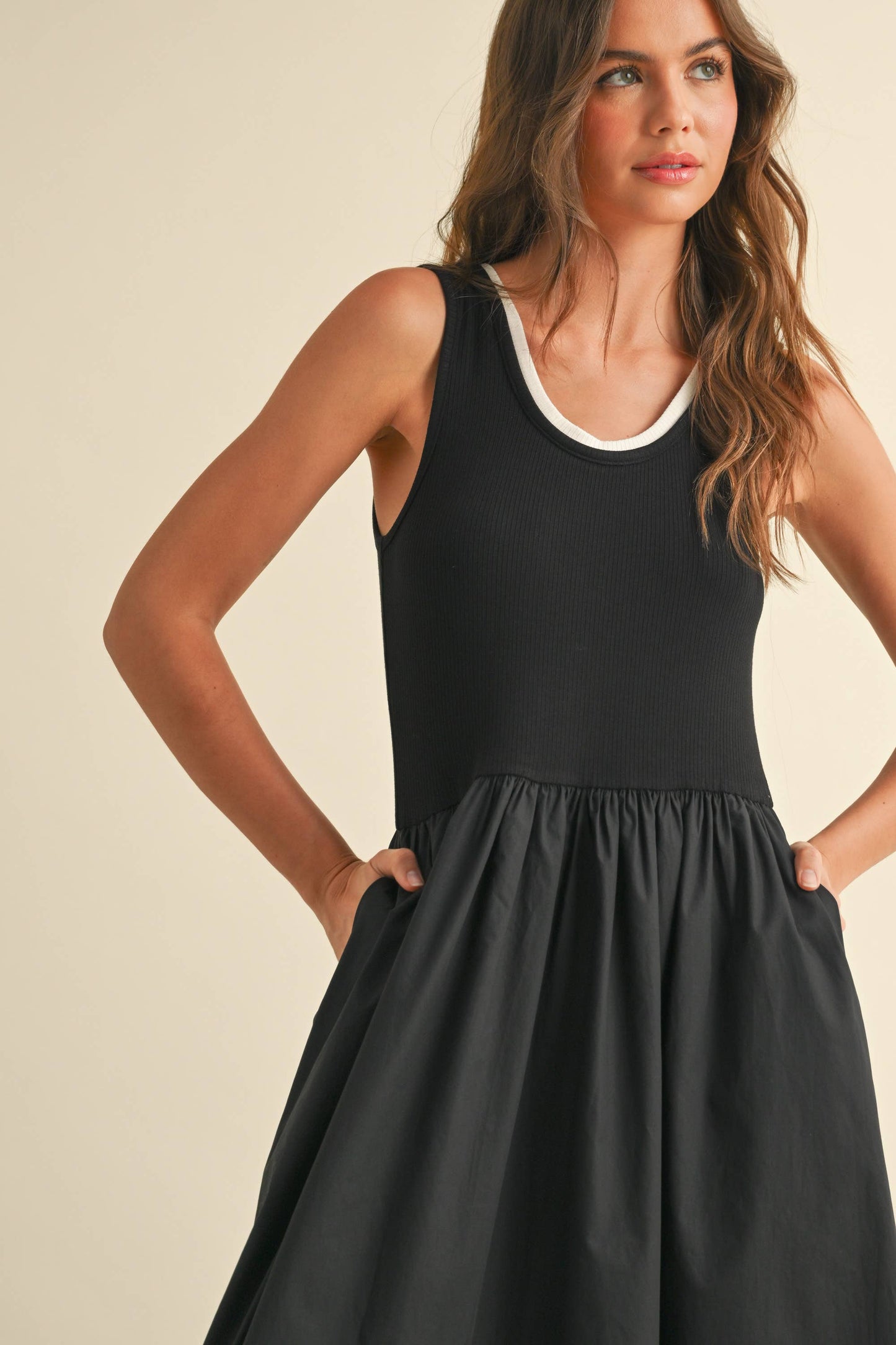 Ribbed Top Woven Skirt Dress