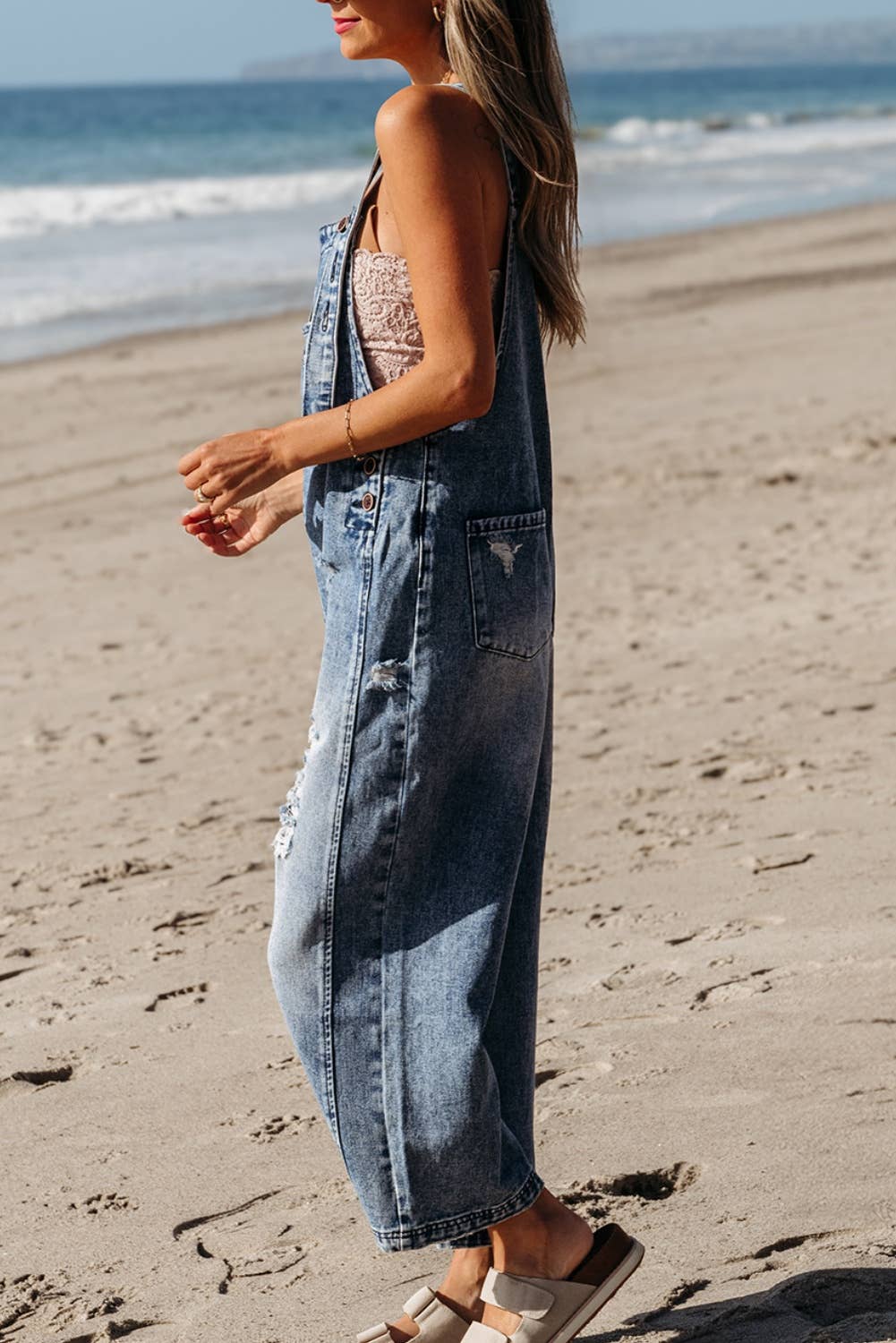 Distressed Capri Denim Overalls