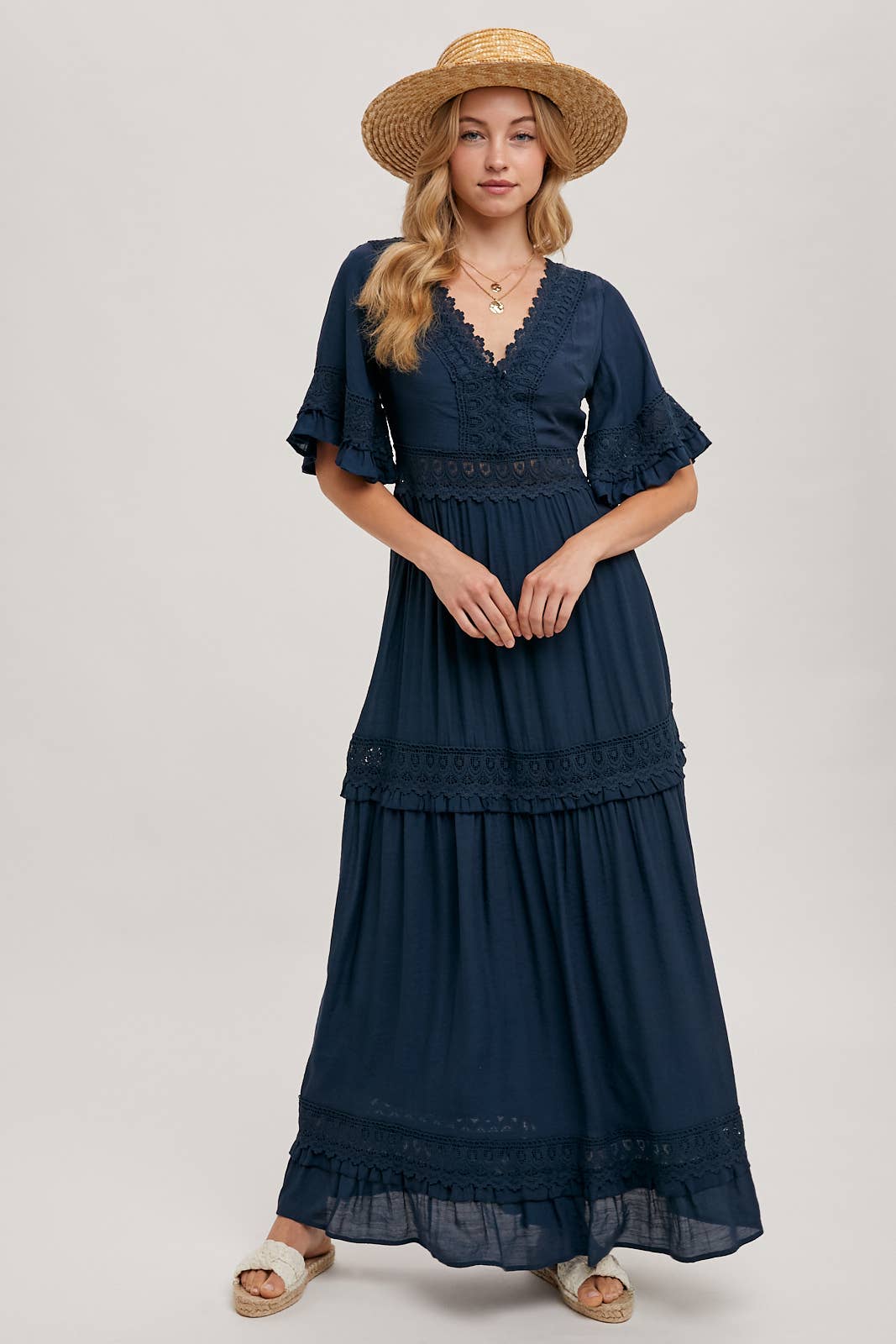 V-Neck Lace Trim Maxi Dress