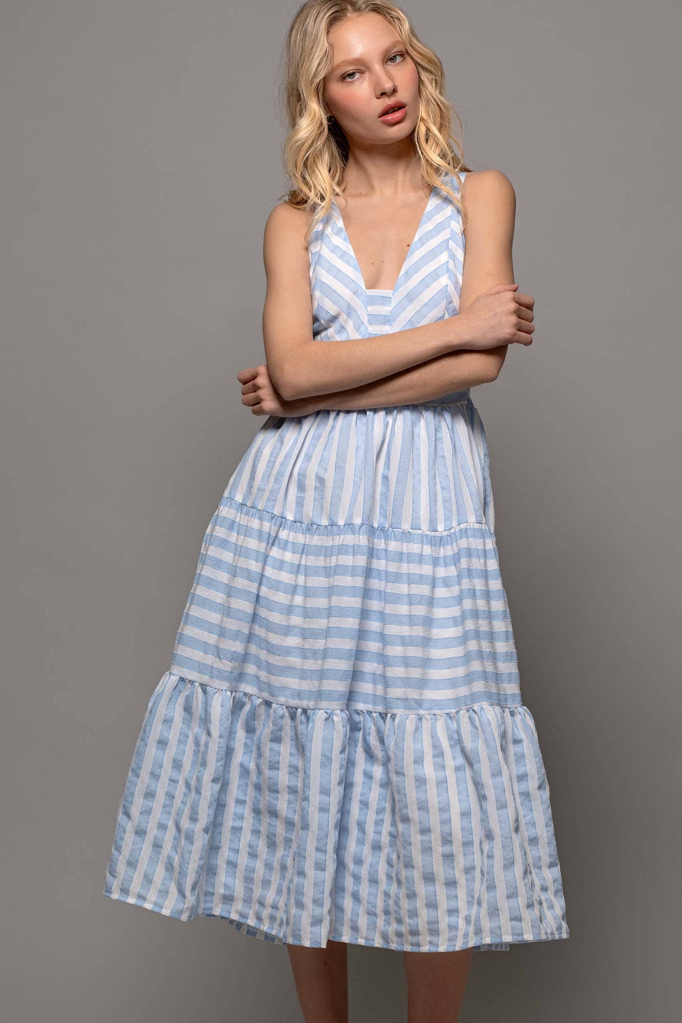 Textured Stripe Cross-Back Tiered Dress