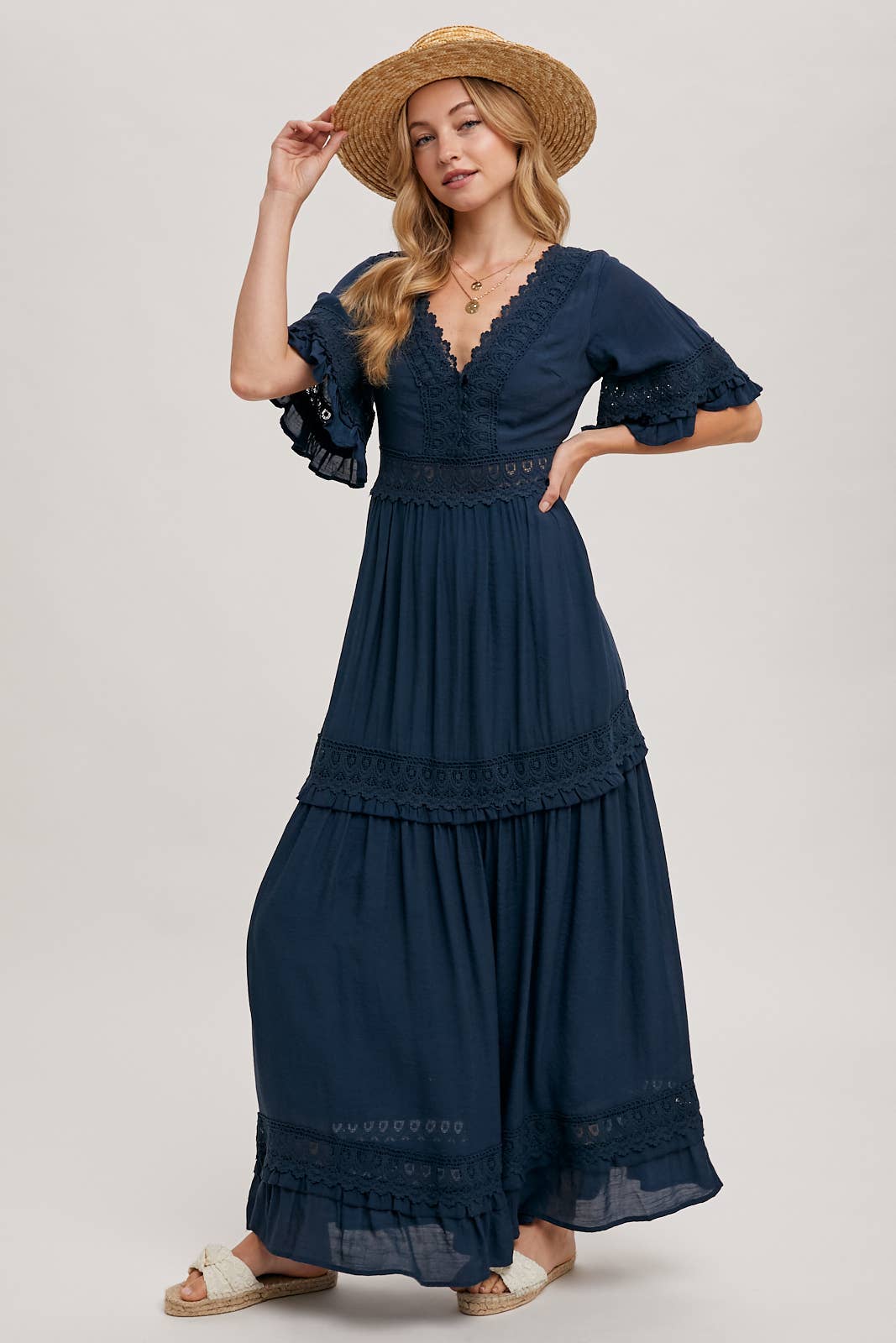 V-Neck Lace Trim Maxi Dress