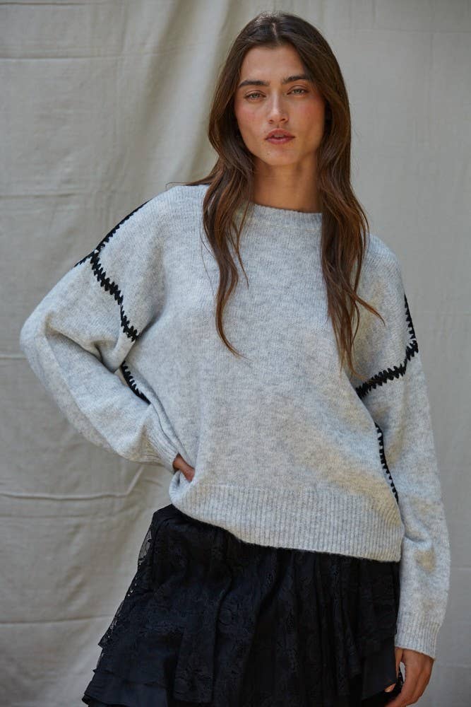 W2283 | Knit Sweater Stitch Detailed Crew Neck Pullover