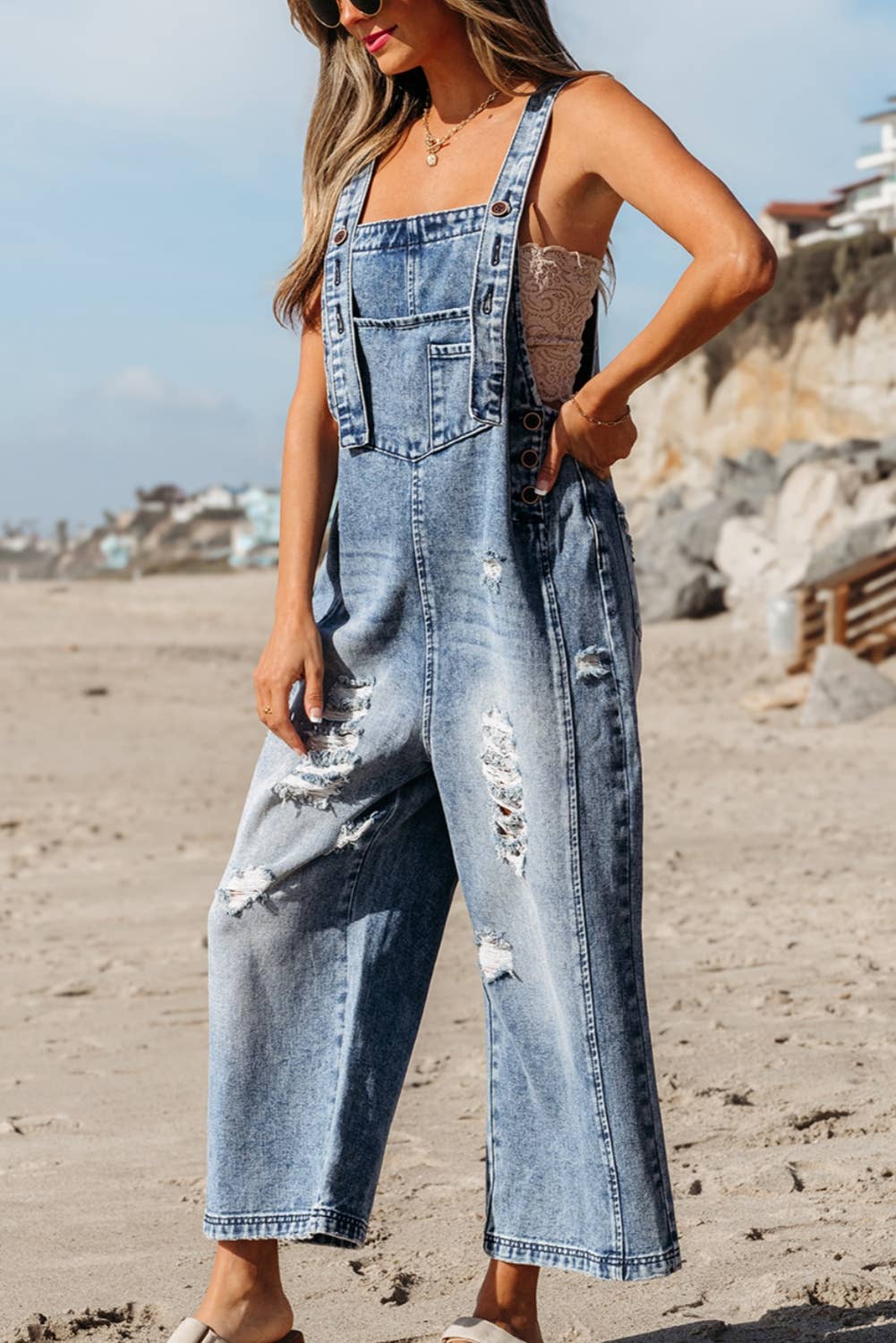 Distressed Capri Denim Overalls