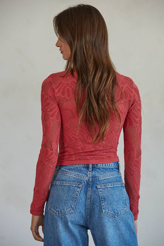 Seamless Jacquard Mock Neck Long Sleeve Top