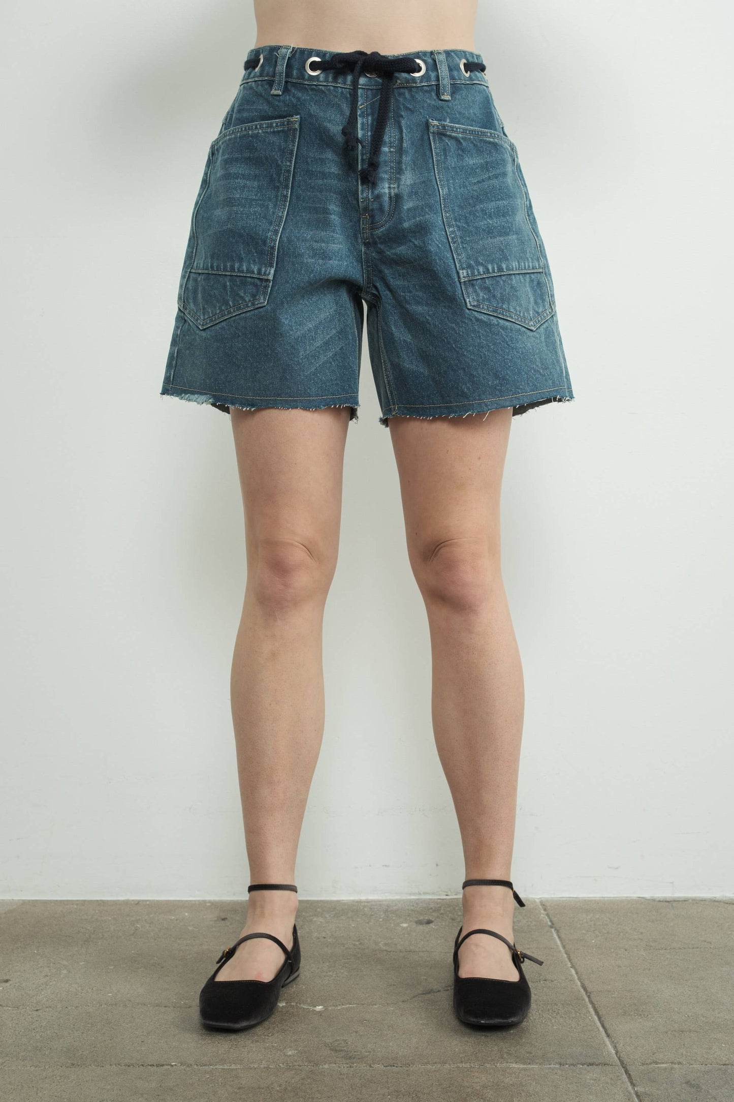 Vintage Washed Denim Shorts w/ Grommet Waist