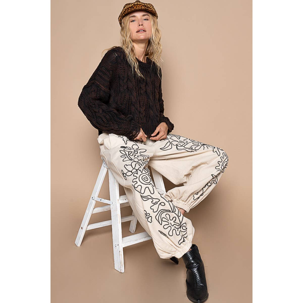 Floral Embroidered Twill Pants