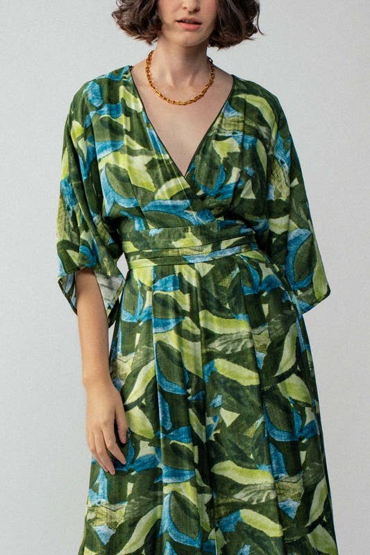 Leaf Print Kimono Sleeve Belted Maxi Jumpsuit