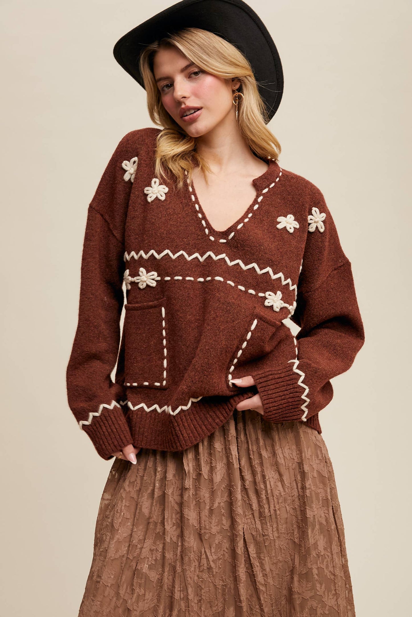 Floral Embroidered Knit Sweater