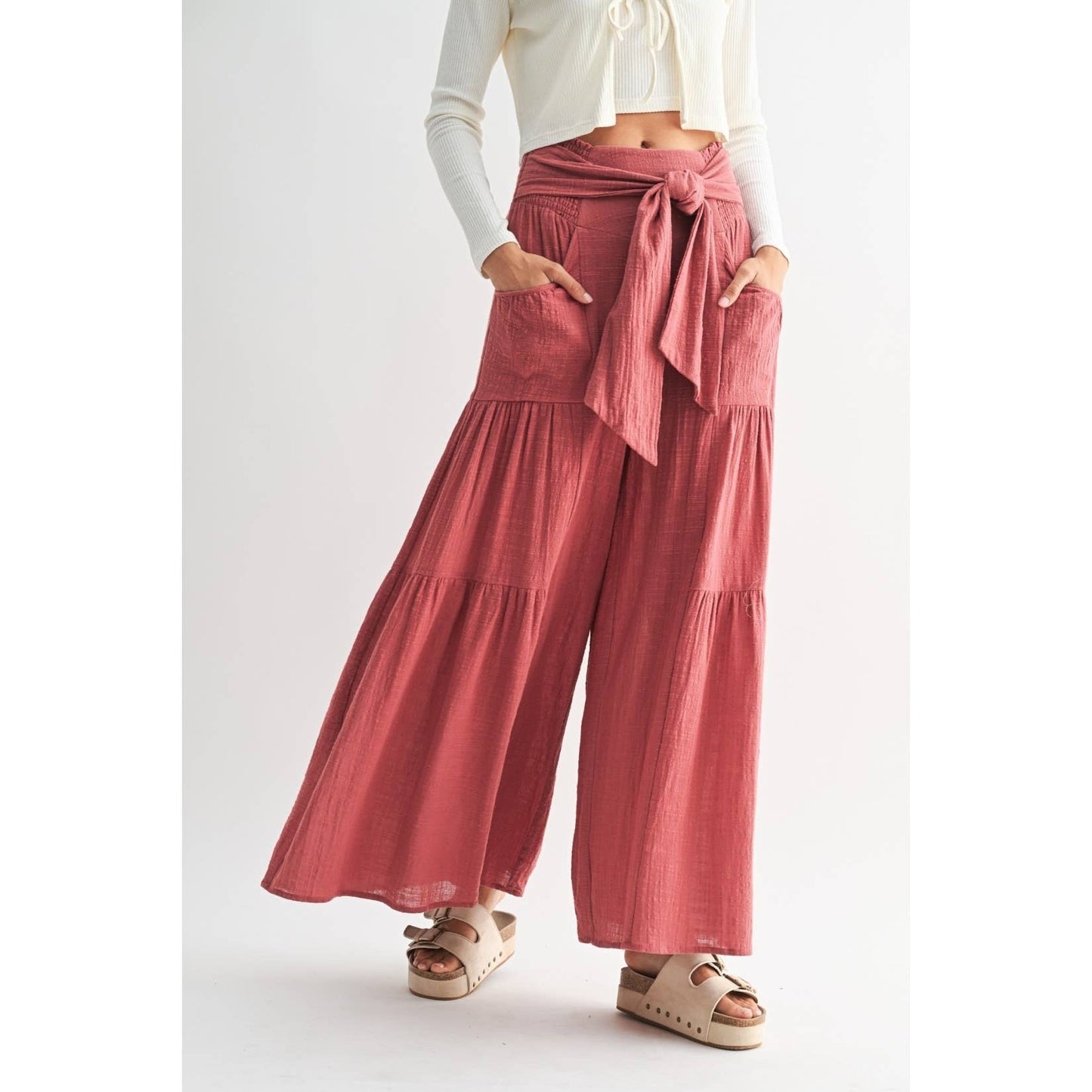English Red Tiered Wide Leg Pants