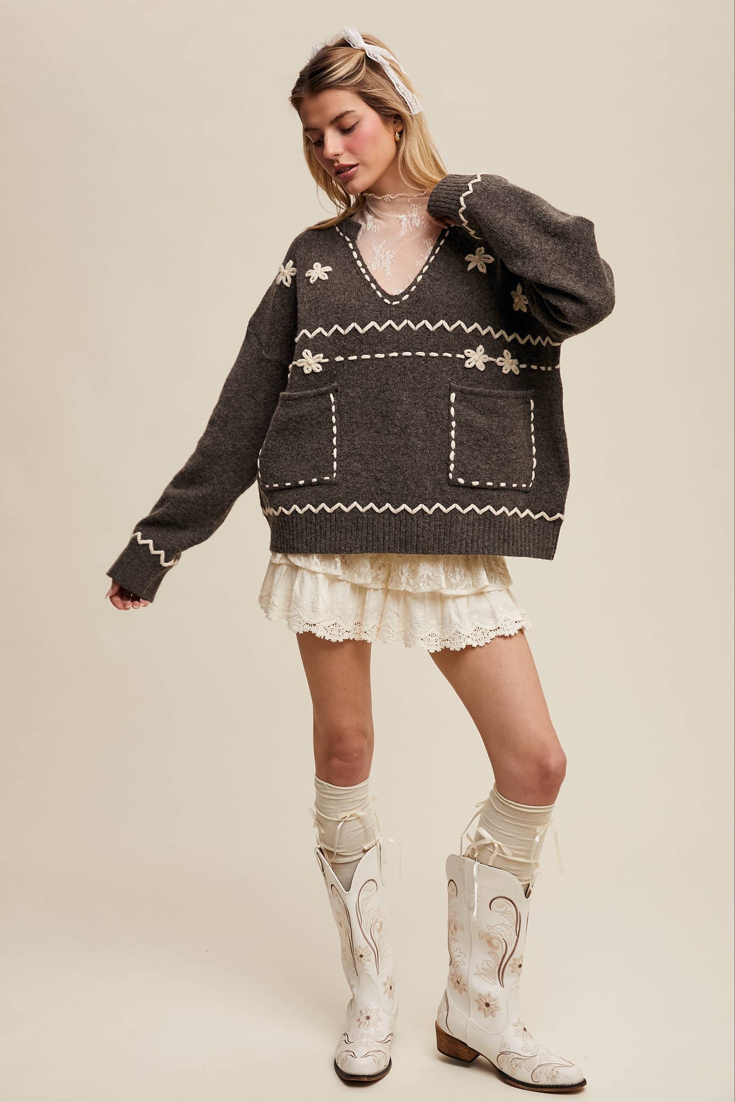 Floral Embroidered Knit Sweater