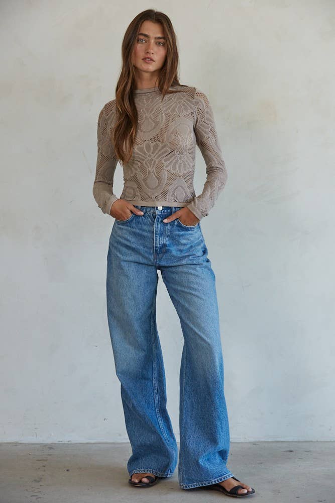 S1228 | Knit Seamless Jacquard Mock Neck Long Sleeve Top: Ash Mauve / SM