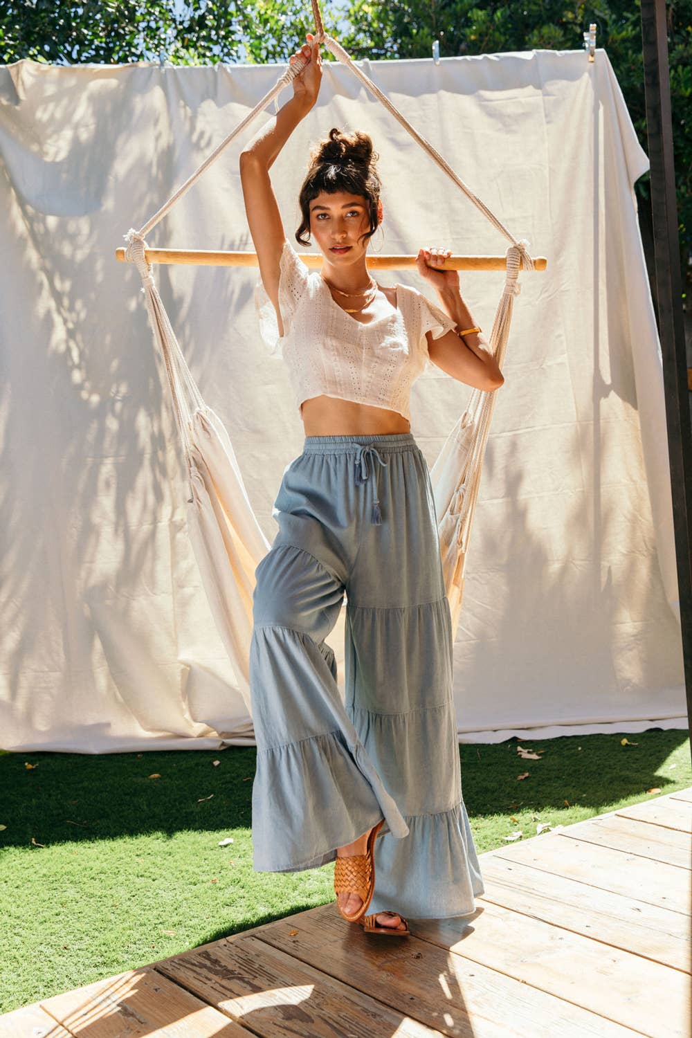Drawstring Waist Chambray Tiered Wide Pants