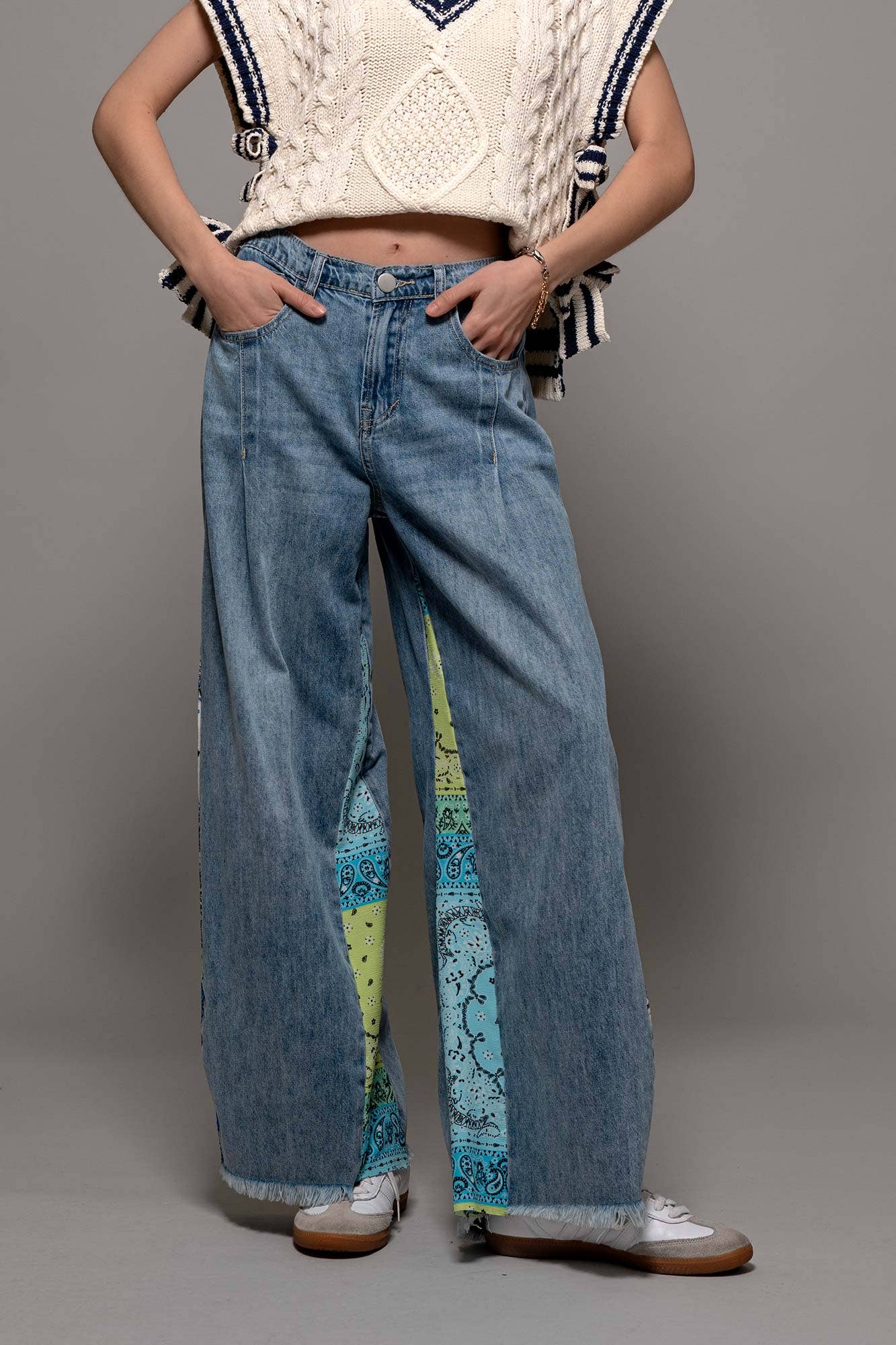 Paisley Bandana Print Wide-Leg Denim Jeans