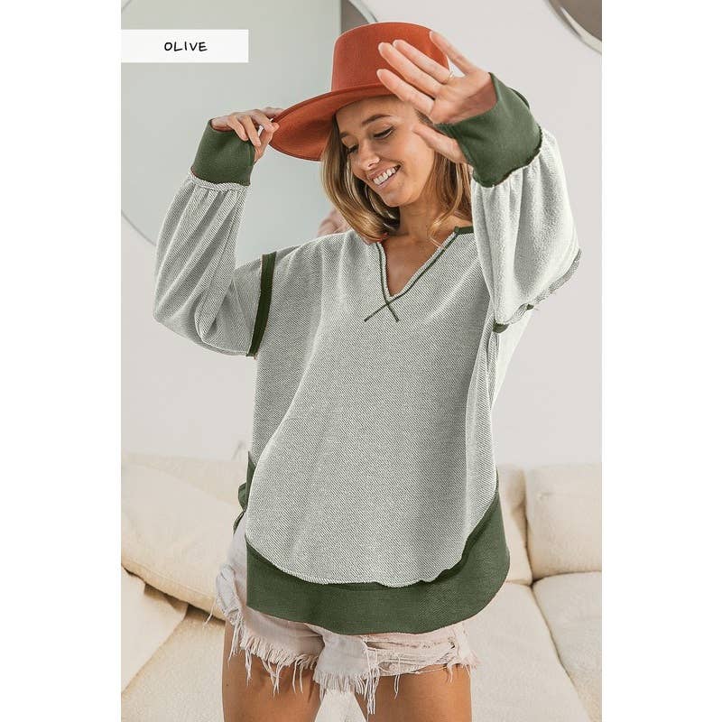 Reversed Terry Block V-Neck Sweater