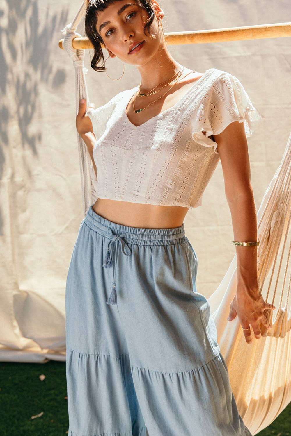 Drawstring Waist Chambray Tiered Wide Pants