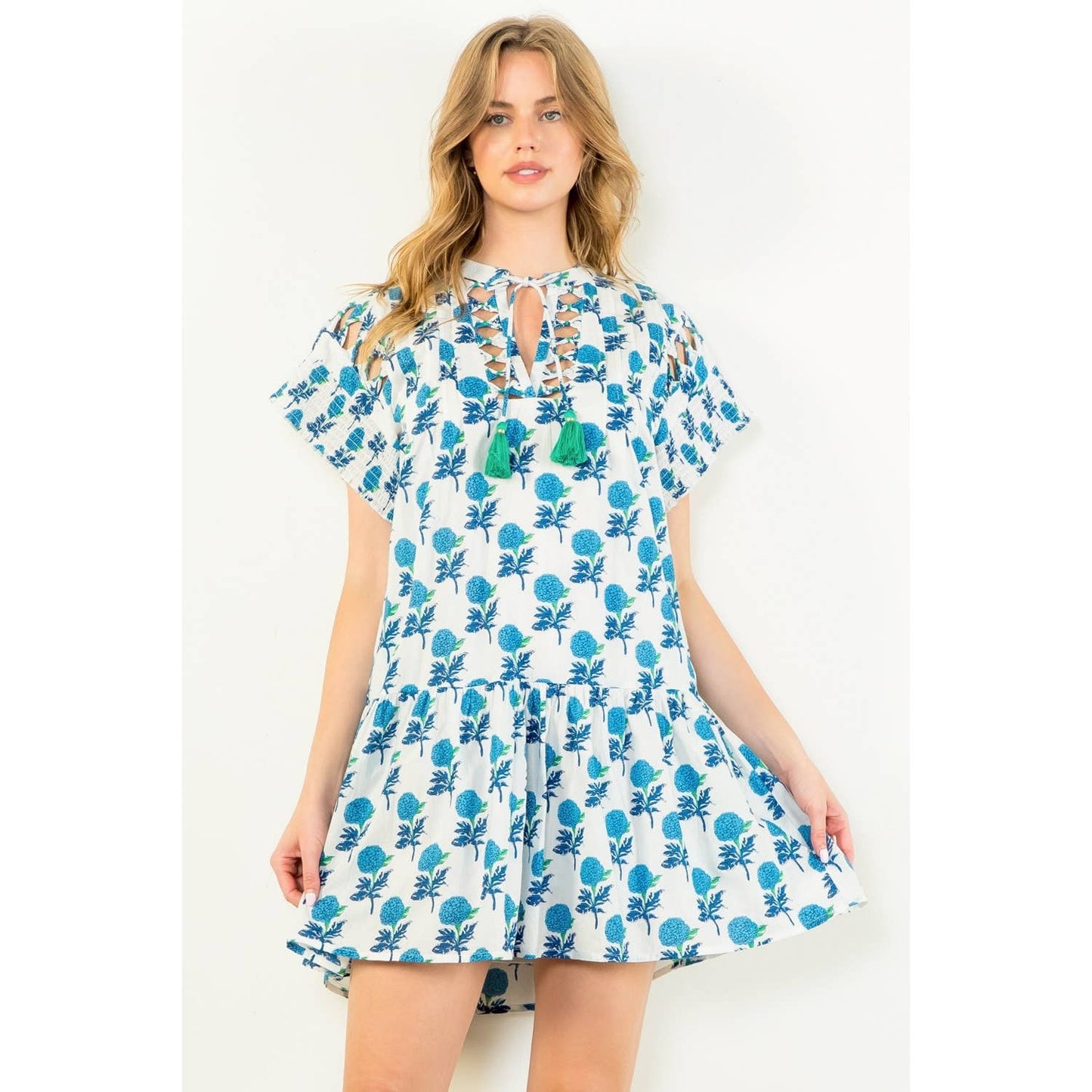 Short Sleeve Tassel Tie Floral Dress
