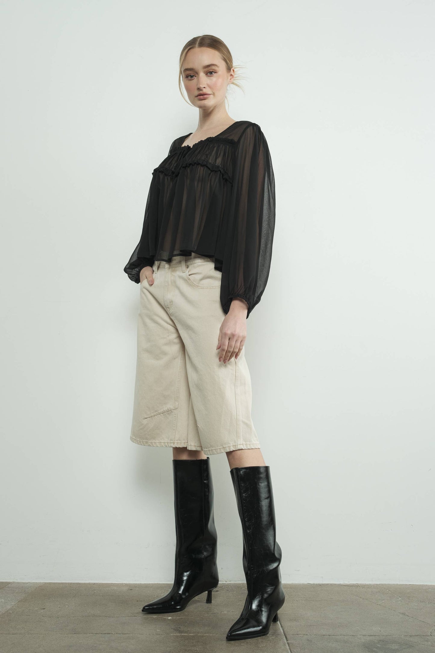 Denim Bermuda Shorts with Yoke Seam