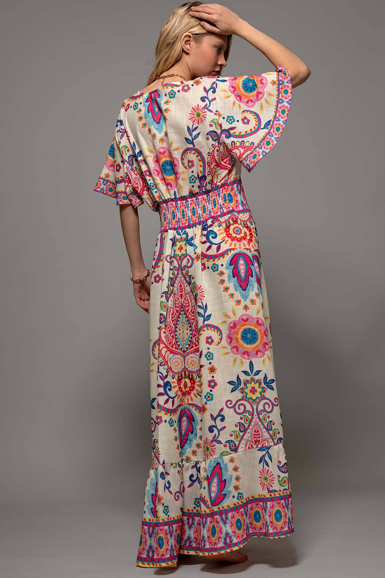 Oversized Paisley Flutter Sleeve Smocked Dress