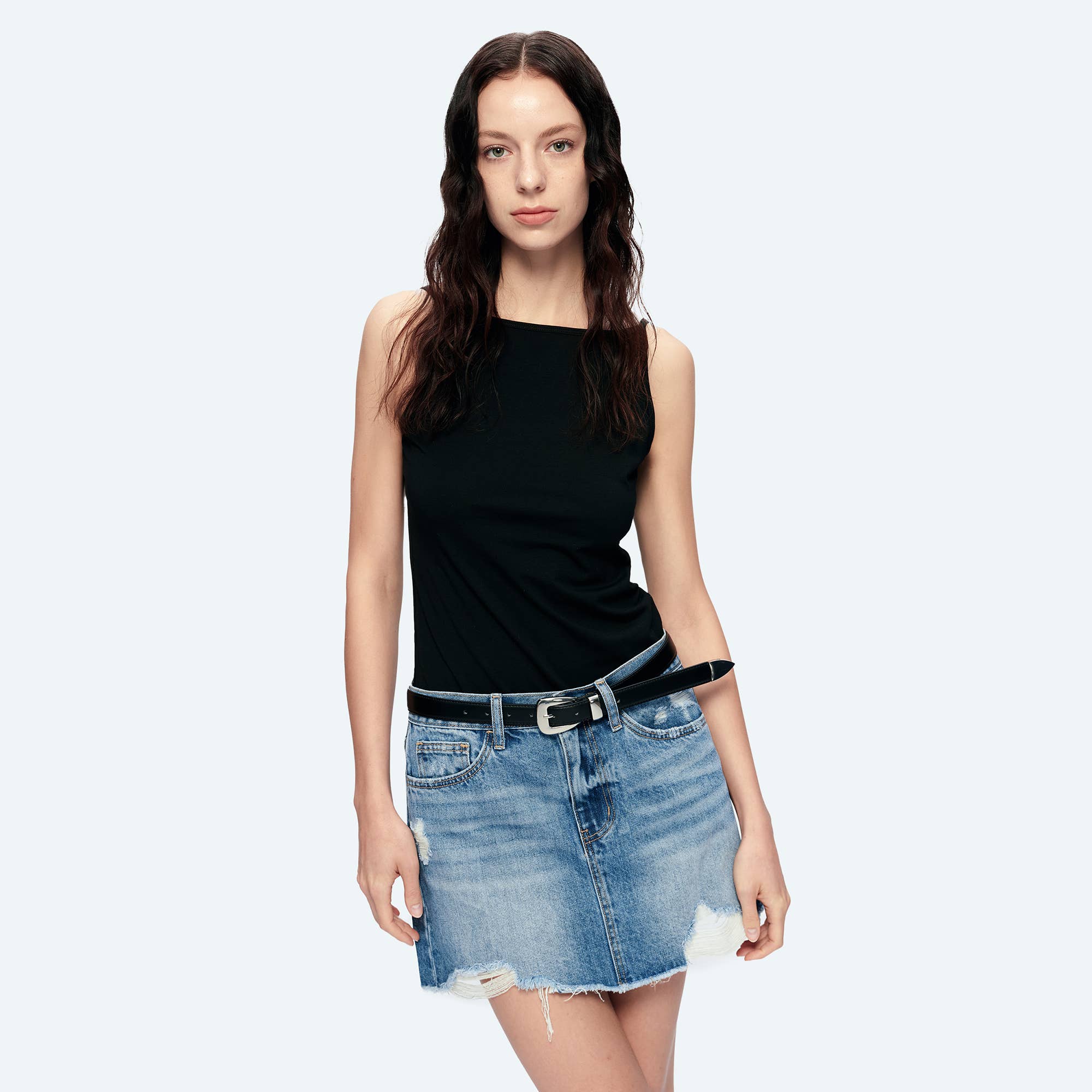 A-Line Denim Frayed Hem Mini Skirt