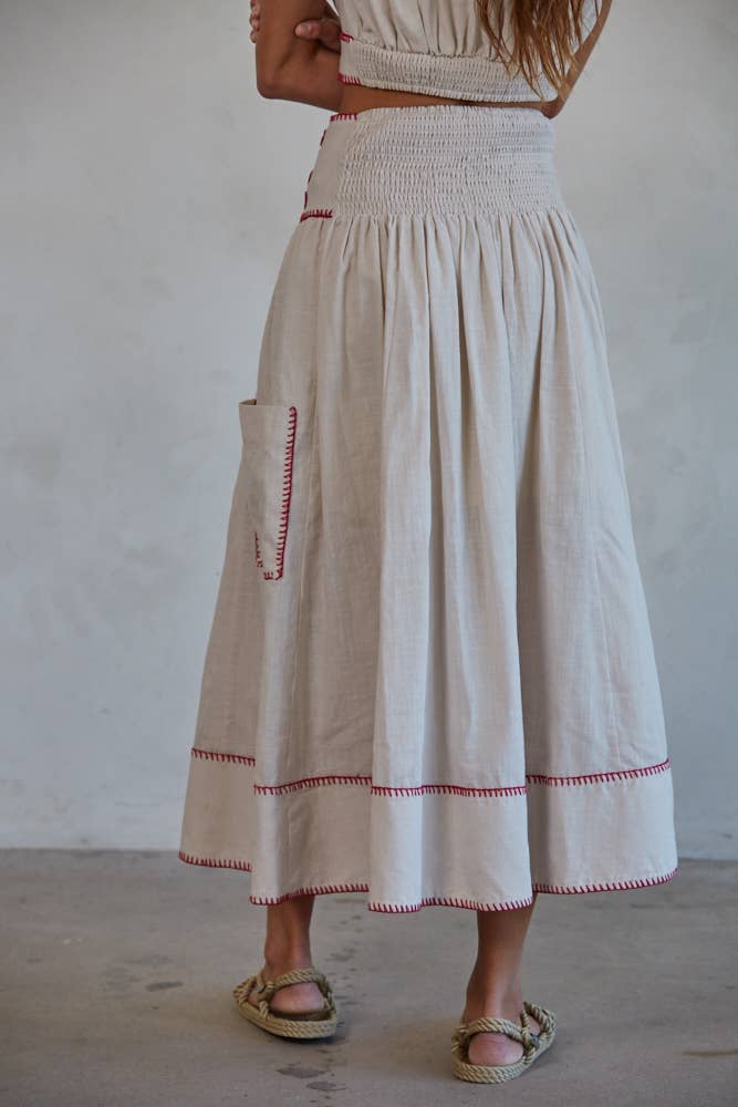 Woven Cotton Embroidered Flare Midi Skirt