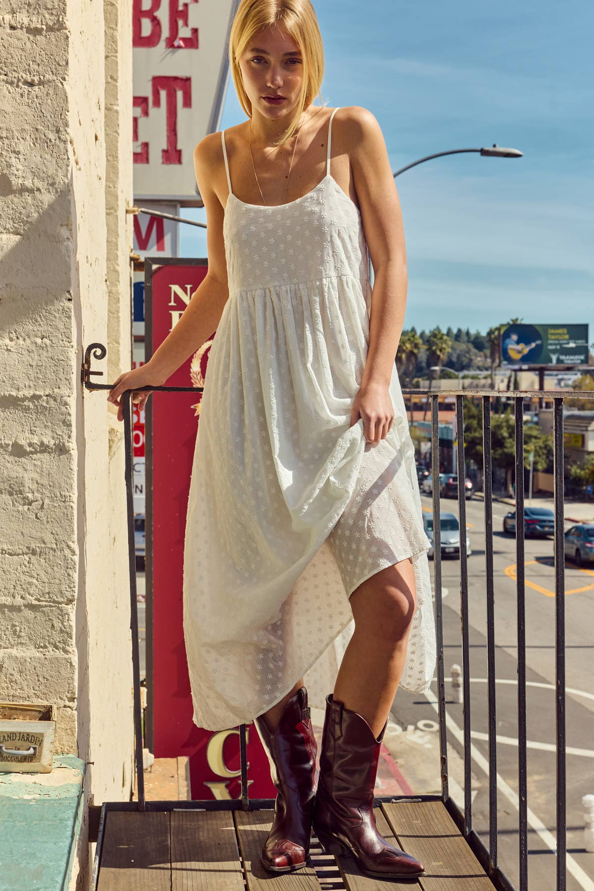 Embroidered Cotton Tie Back Midi Dress
