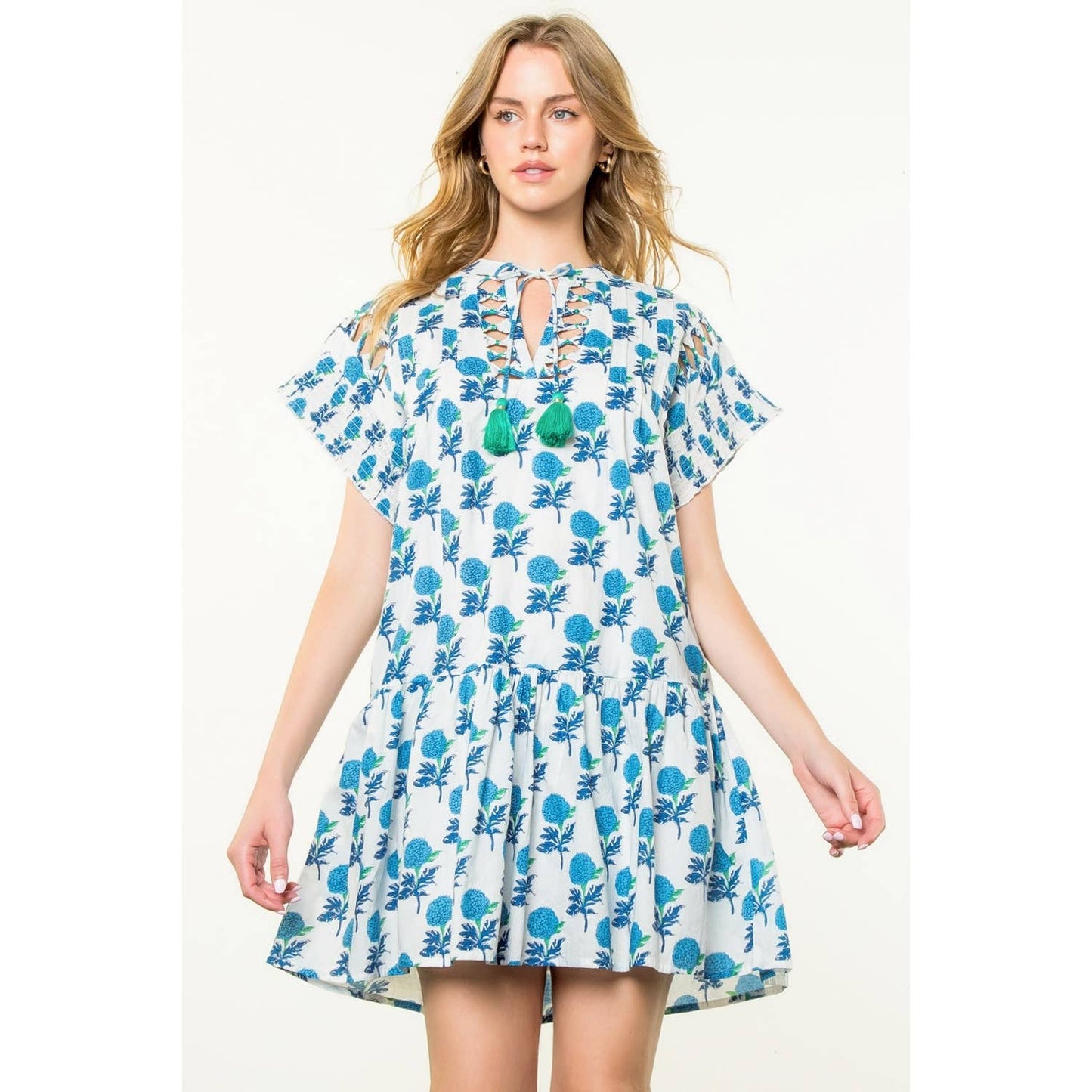 Short Sleeve Tassel Tie Floral Dress