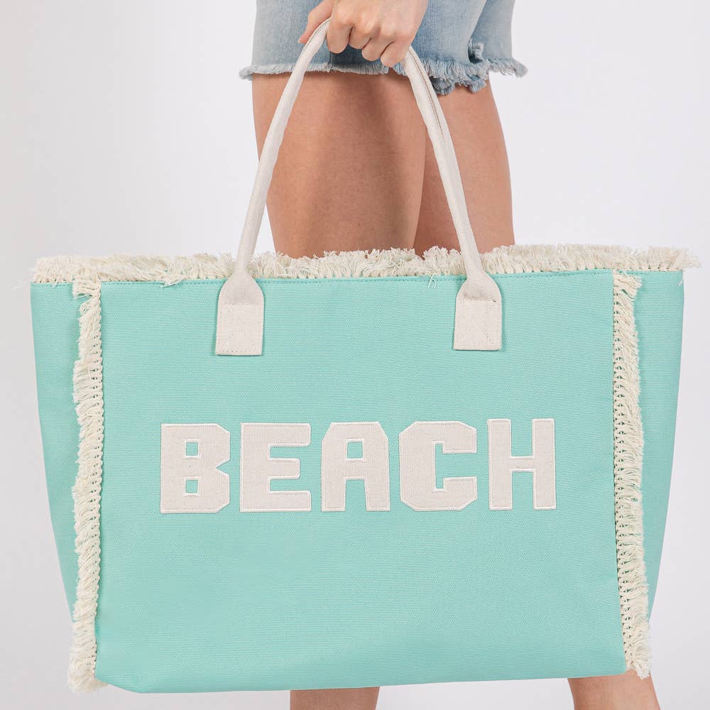 "Beach" Embroidered Fringe Tote Bag