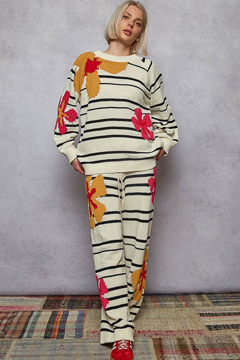 Striped Pattern Floral Detail Lounge Pants