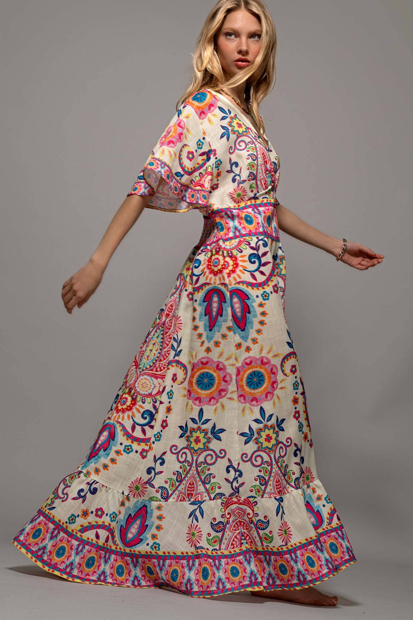 Oversized Paisley Flutter Sleeve Smocked Dress