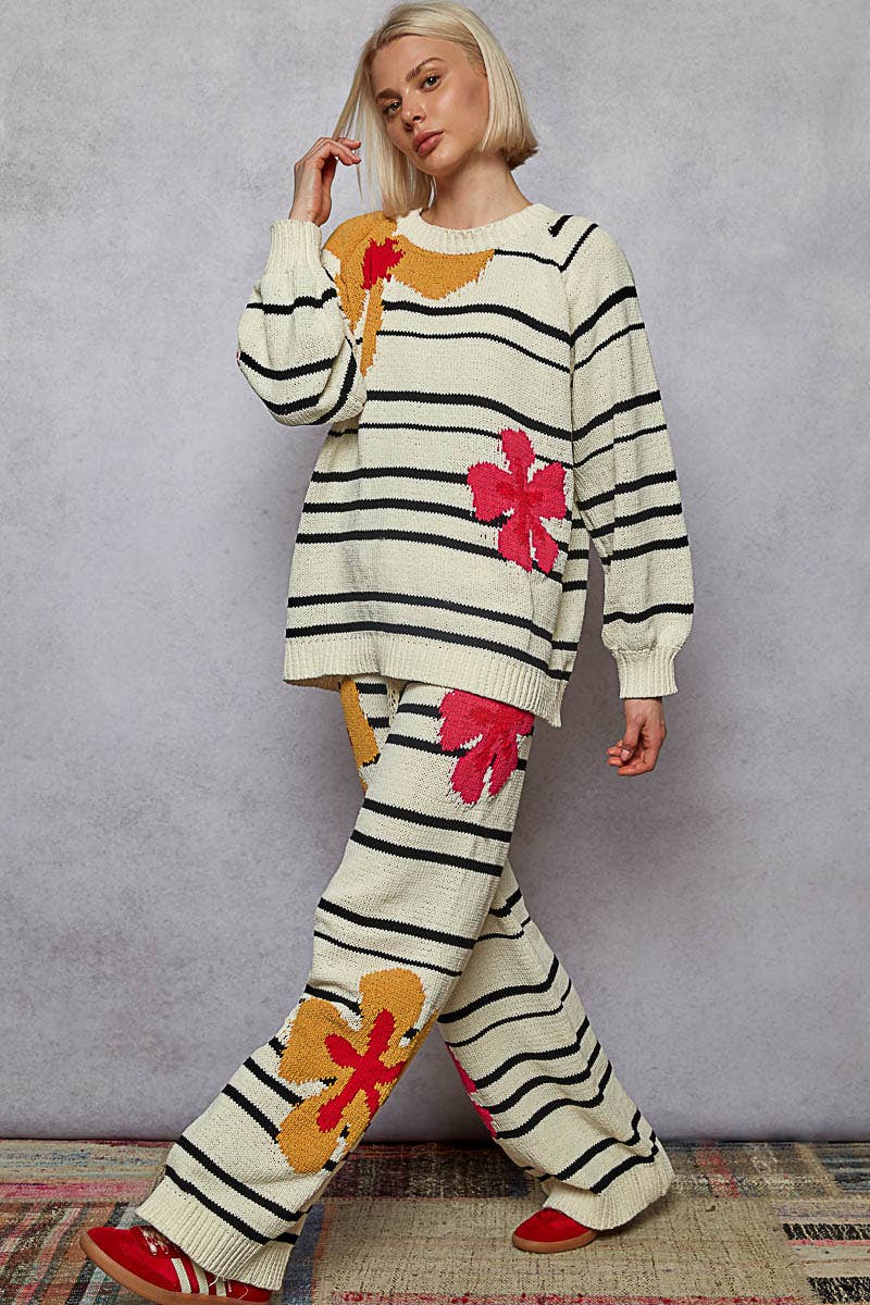 Striped Pattern Floral Detail Lounge Pants