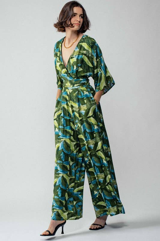 Leaf Print Kimono Sleeve Belted Maxi Jumpsuit