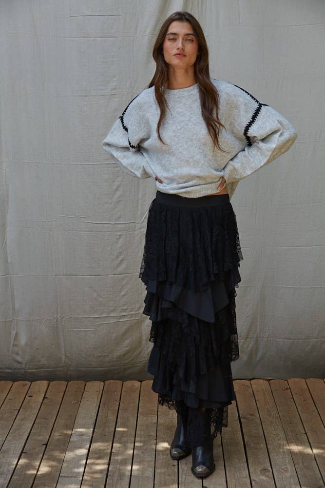 W2283 | Knit Sweater Stitch Detailed Crew Neck Pullover