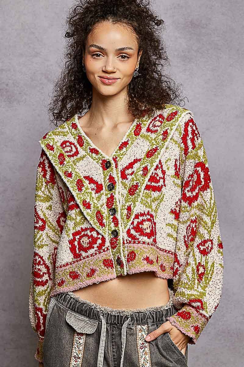 V-neck ruffles point floral Beber sweater cardigan top