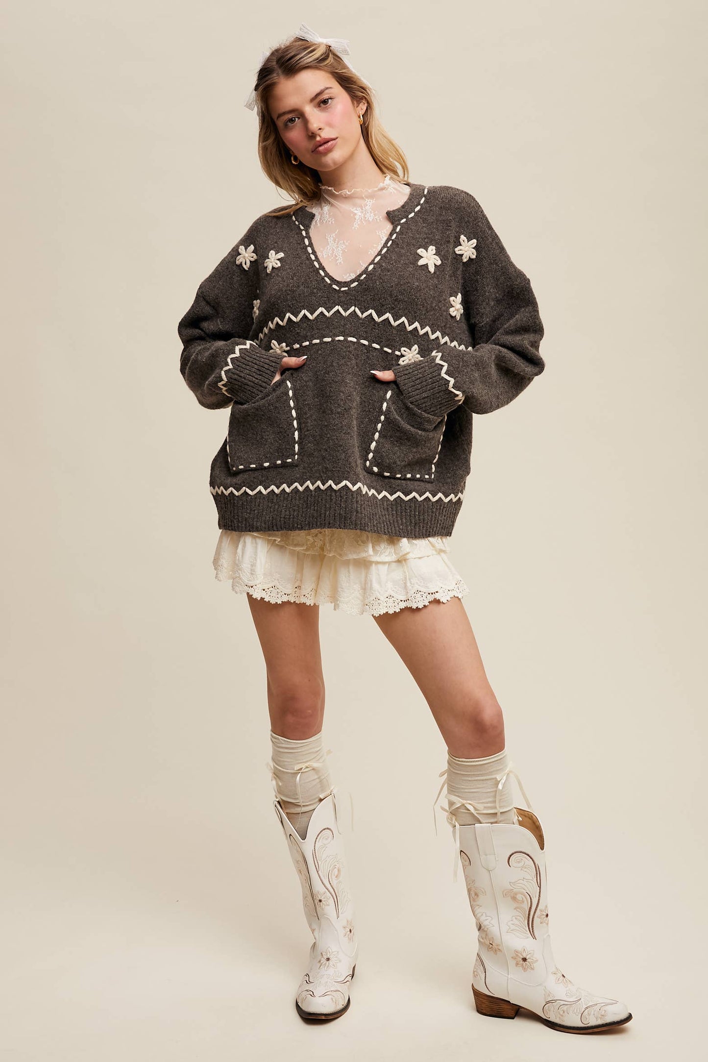 Floral Embroidered Knit Sweater