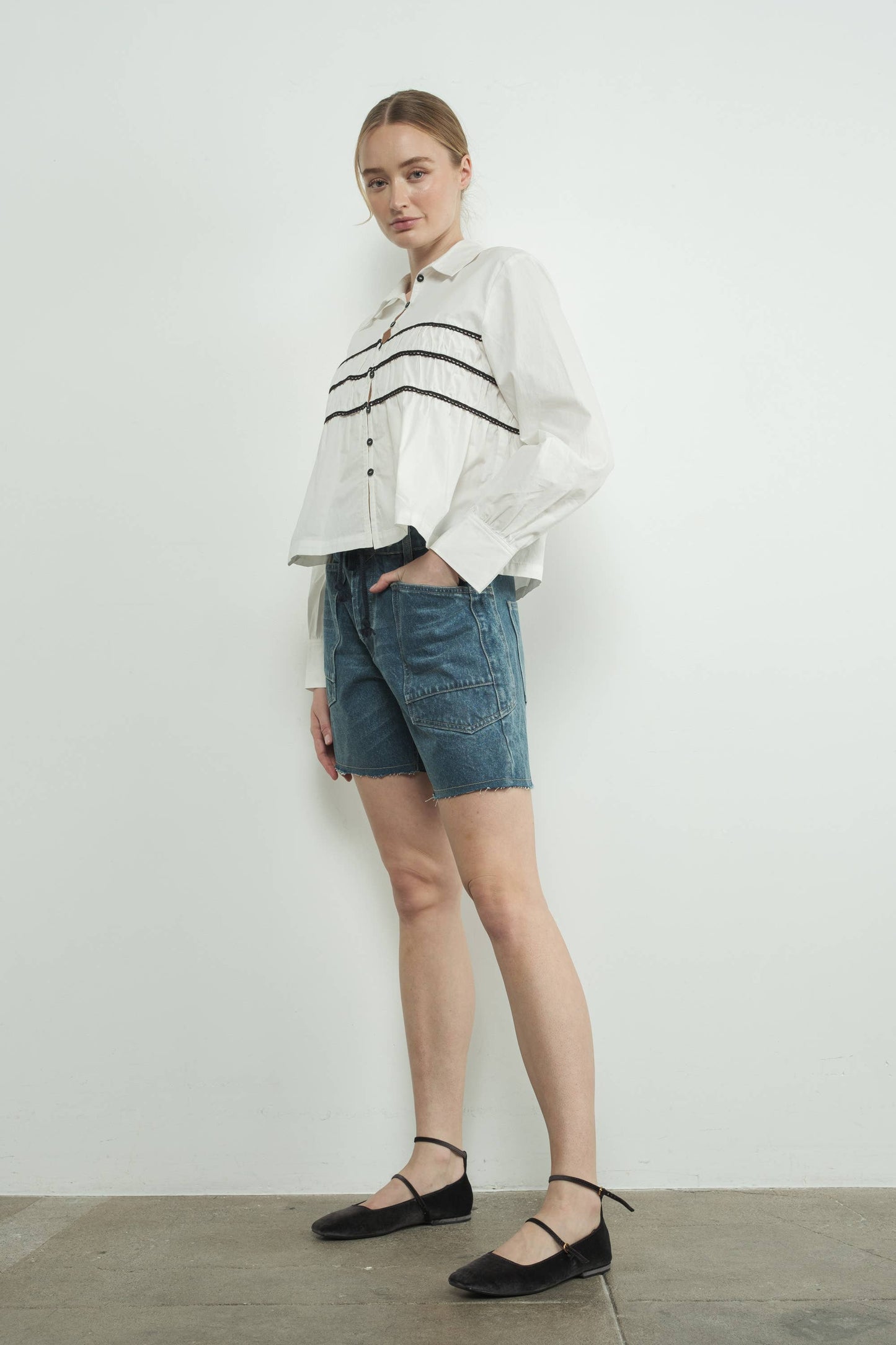 Vintage Washed Denim Shorts w/ Grommet Waist