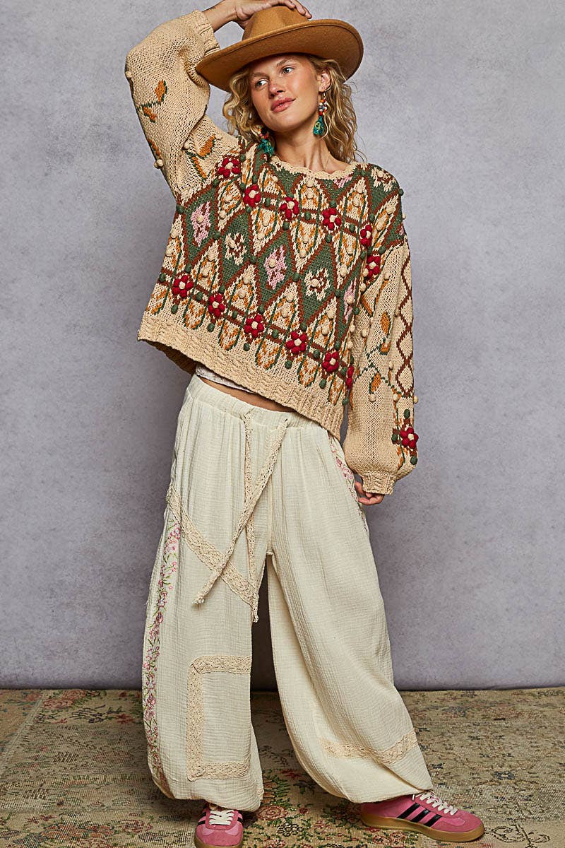 Aztec Pattern Floral Detail Sweater