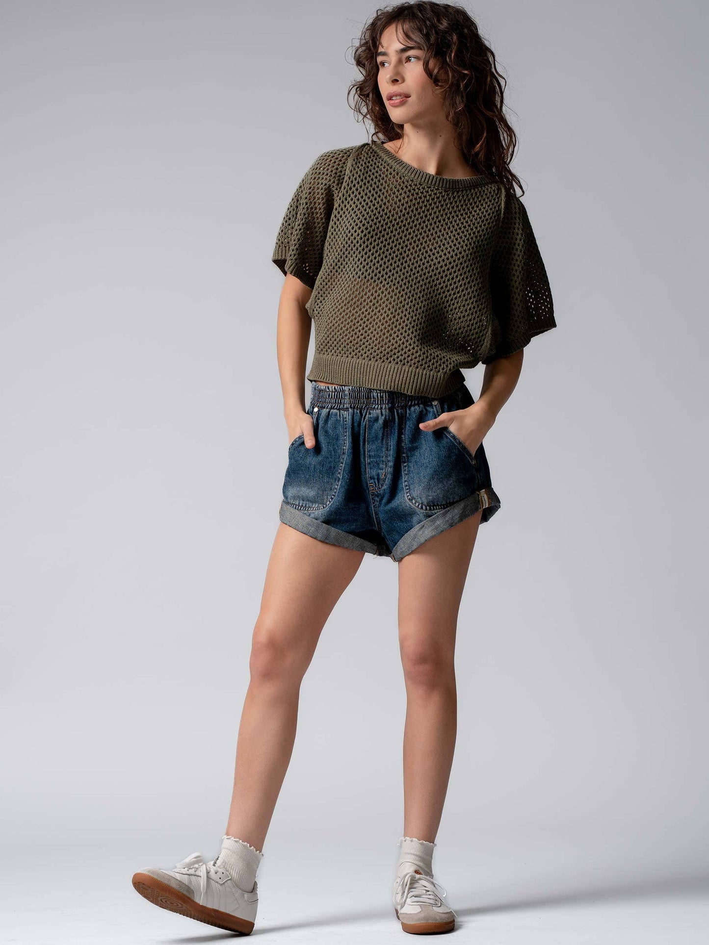 Spring Elastic Waist Cuffed Print Shorts