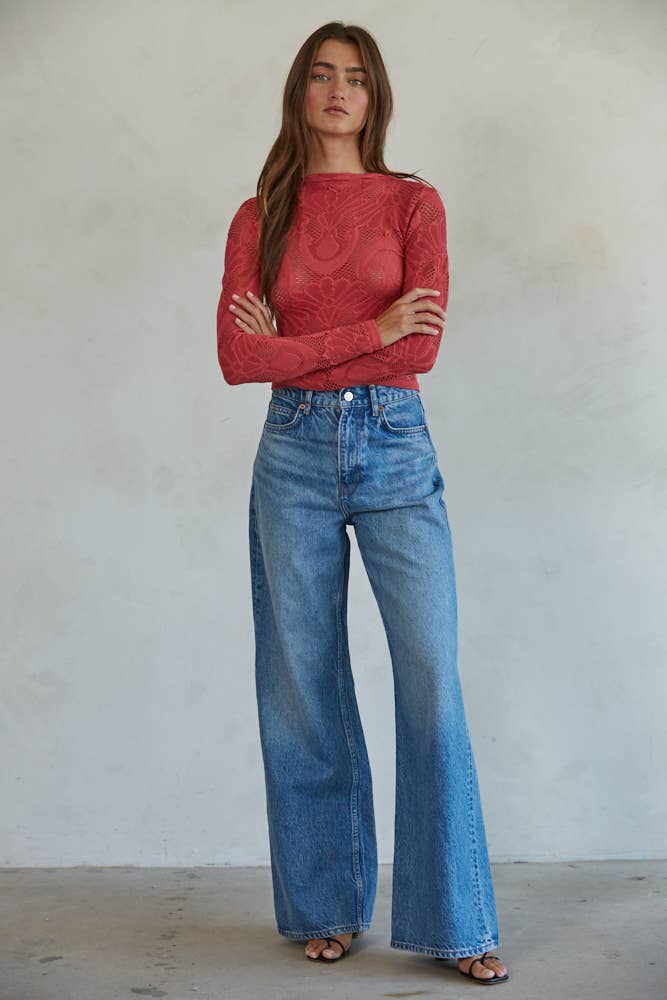 Seamless Jacquard Mock Neck Long Sleeve Top
