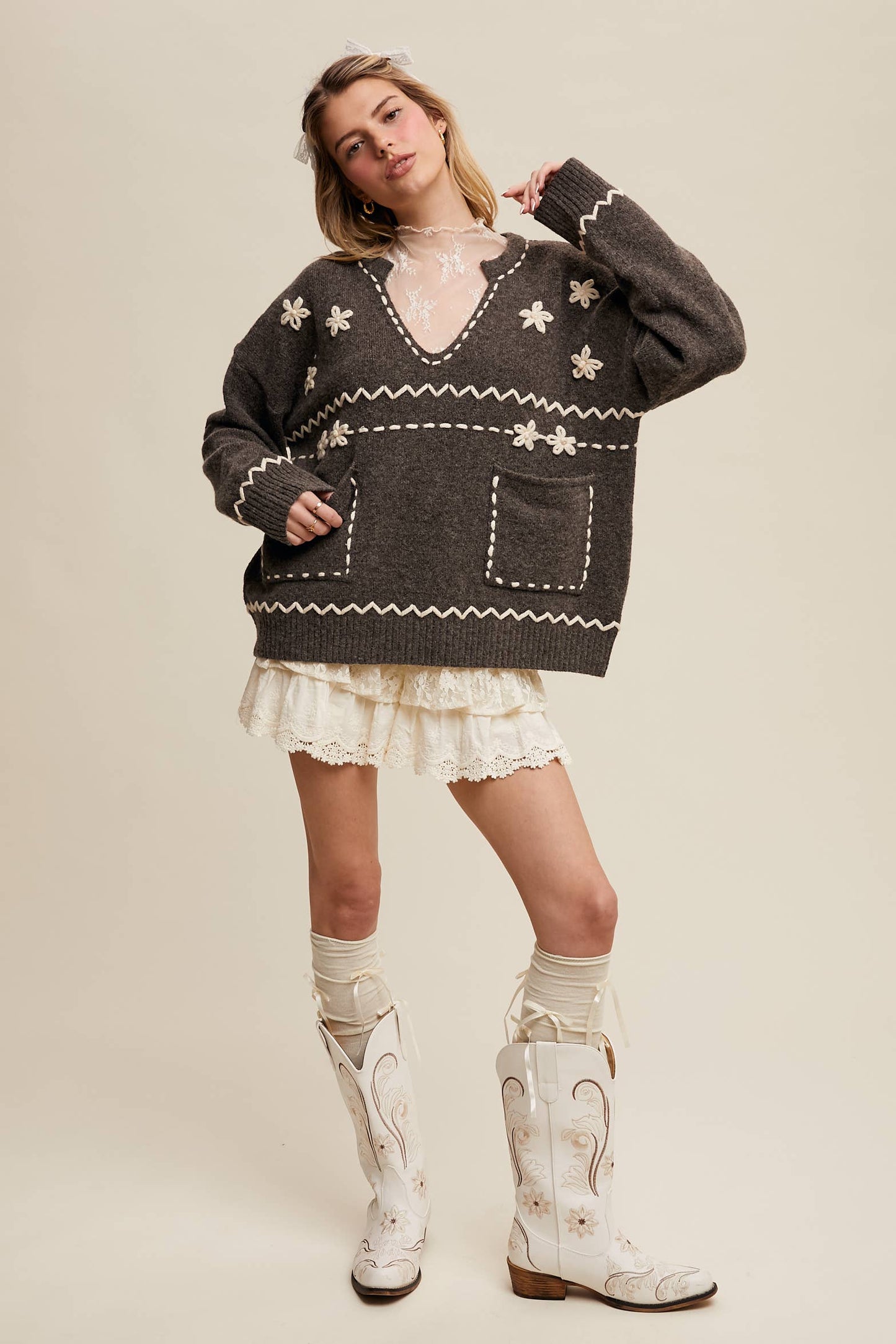 Floral Embroidered Knit Sweater