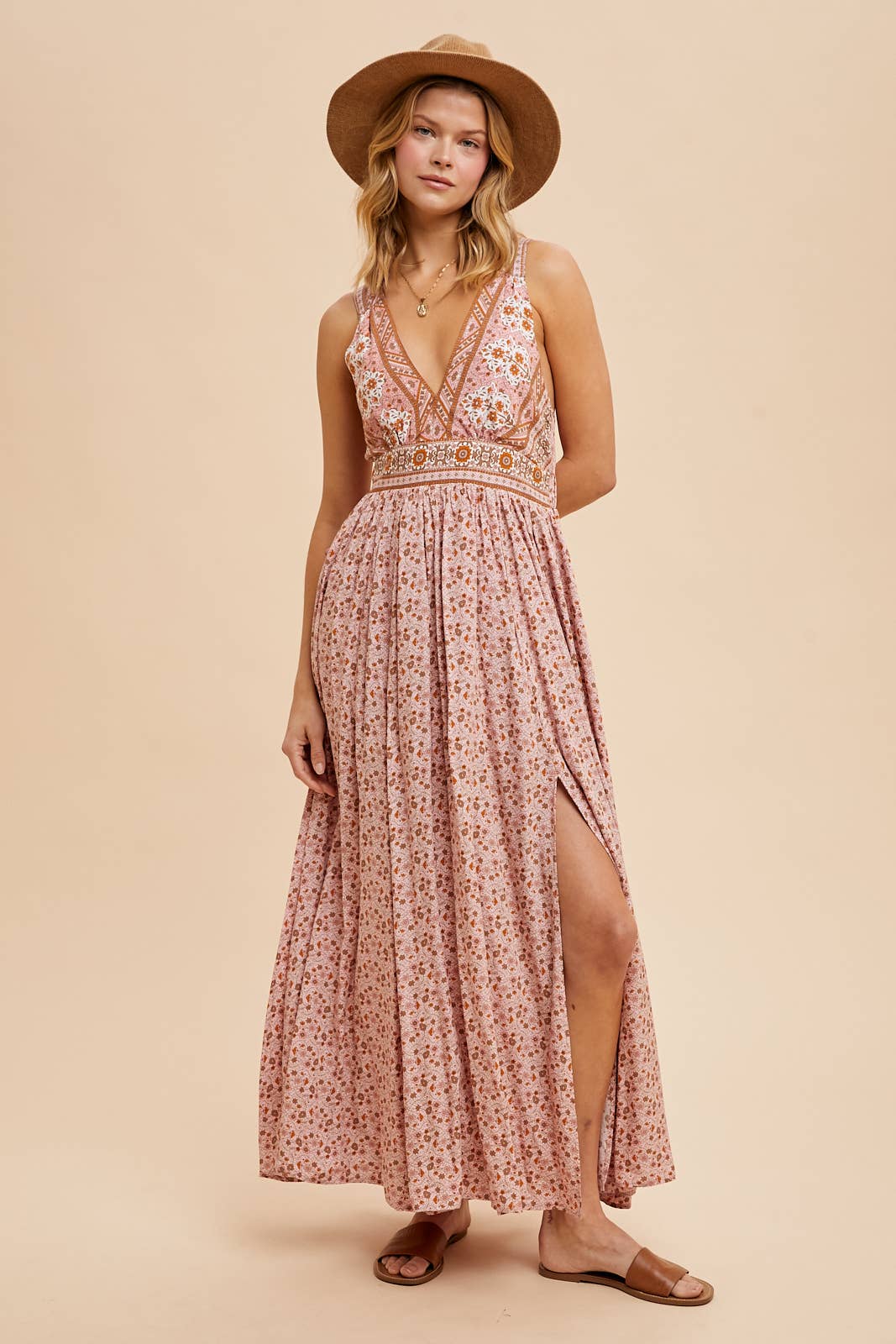 Border Print V-Neck Maxi Dress