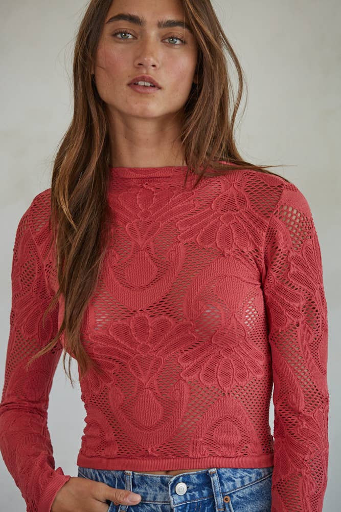 Seamless Jacquard Mock Neck Long Sleeve Top
