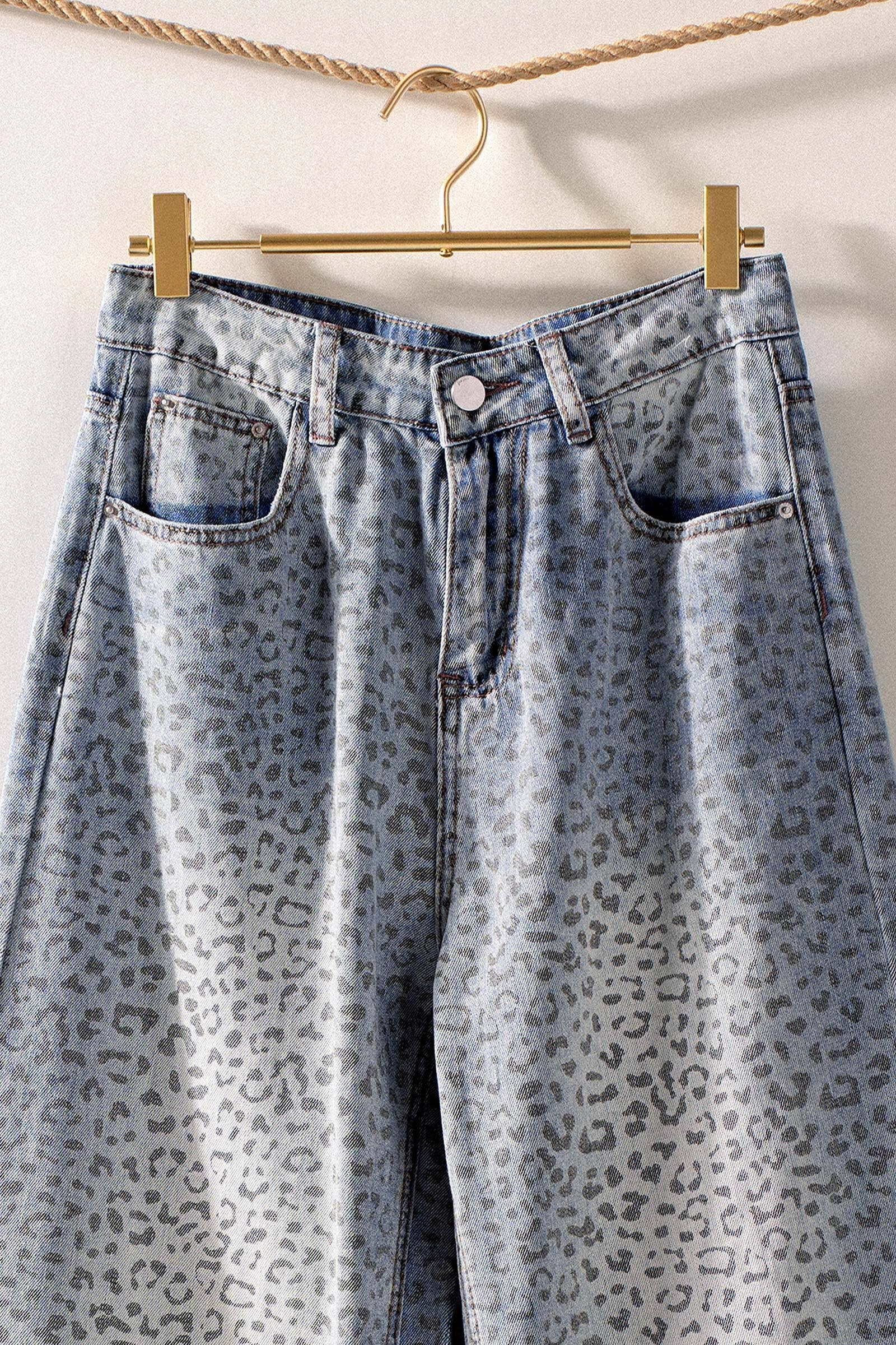Leopard Print Wide-Leg Denim Pants